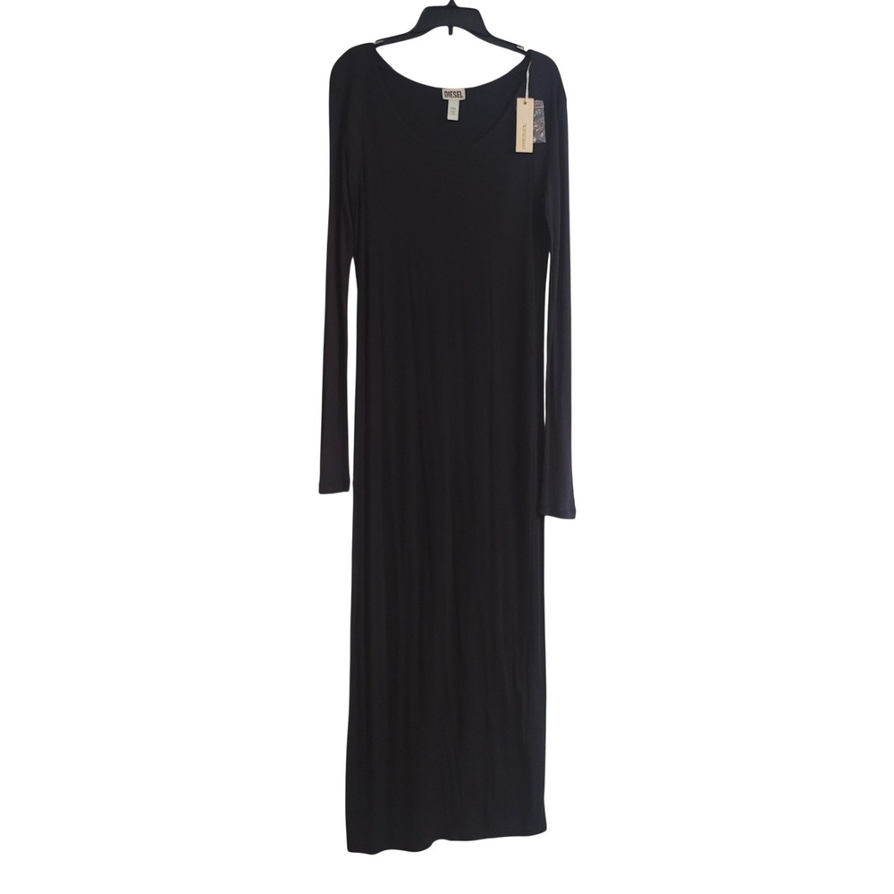 Diesel Size L D-AGOS Dress Women Black Long Sleeve Viscose Scoop Neck Maxi
